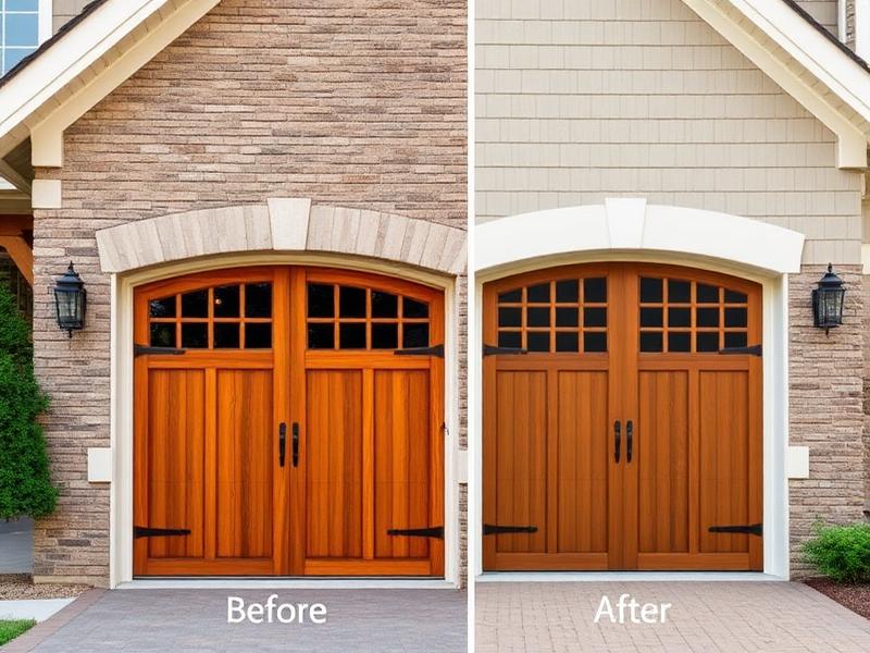 Custom wood carriage style garage door before and after transformation