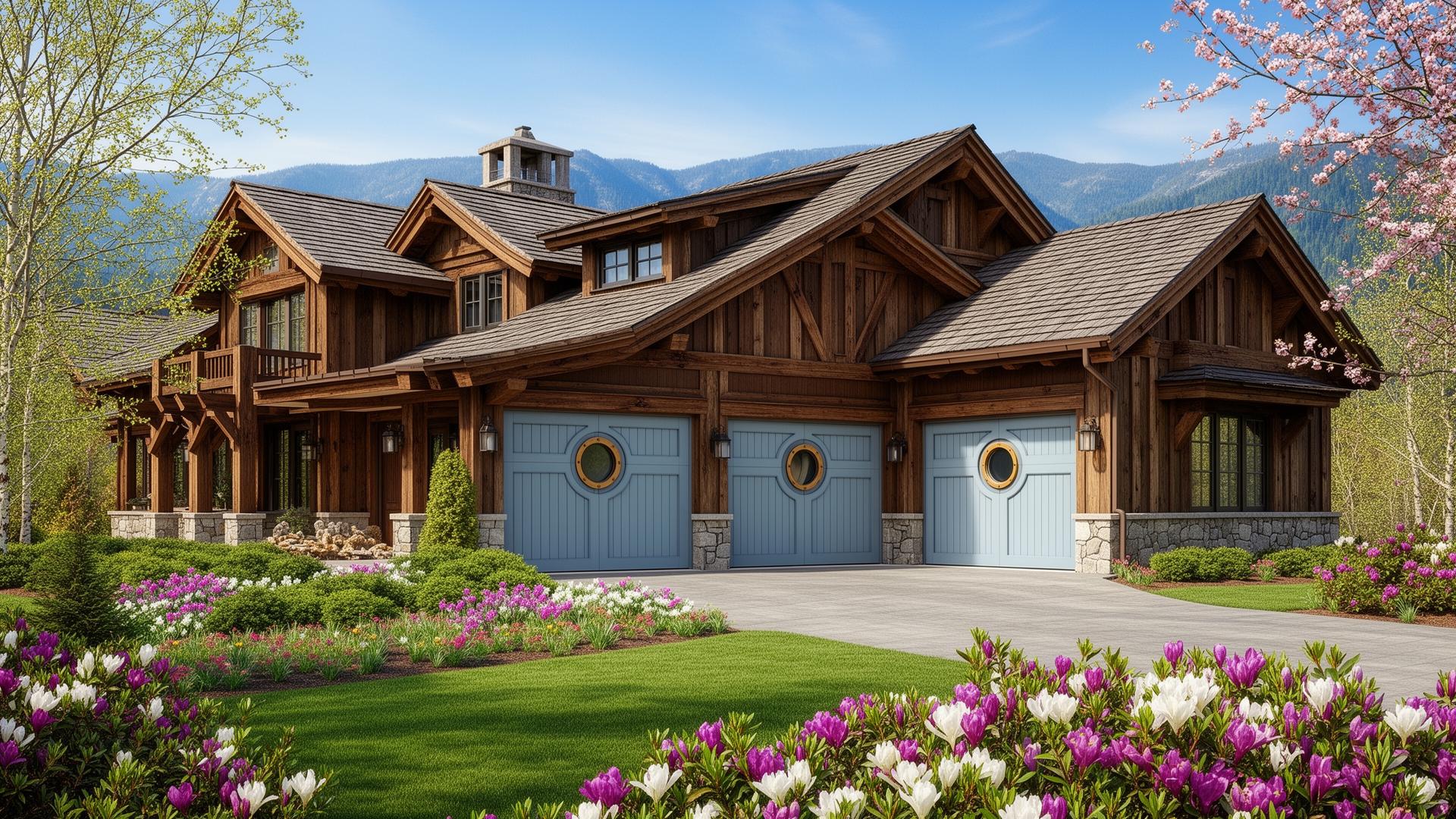 Beautiful mountain lodge home with custom coastal style garage doors featuring porthole windows in Robbins, NC